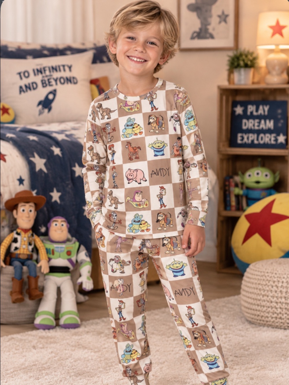 New Boutique Kids Unisex Toy Story Theme Check Pajama Set Woody Buzz Jessie